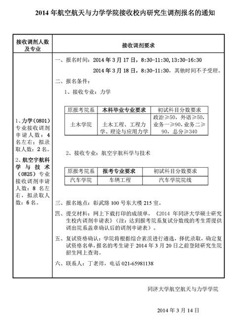 2014年同濟大學航空航天與力學學院考研調劑信息1