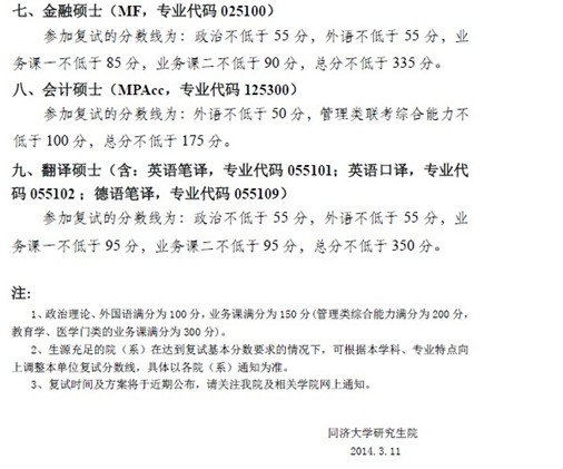 同濟大學2014年考研復試分數線公布3