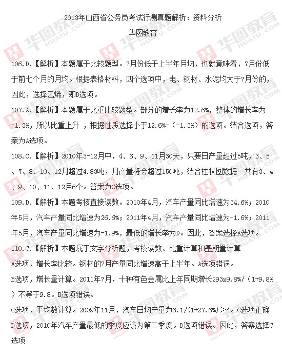 山西省2013年公務員考試行測真題答案解析：資料分析1