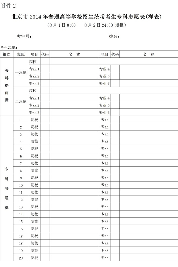 2014年北京高考專科志愿填報表（樣表）1