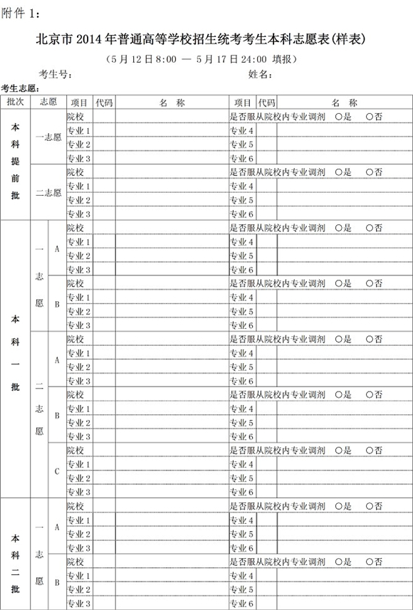 2014年北京高考本科志愿填報表（樣表）1