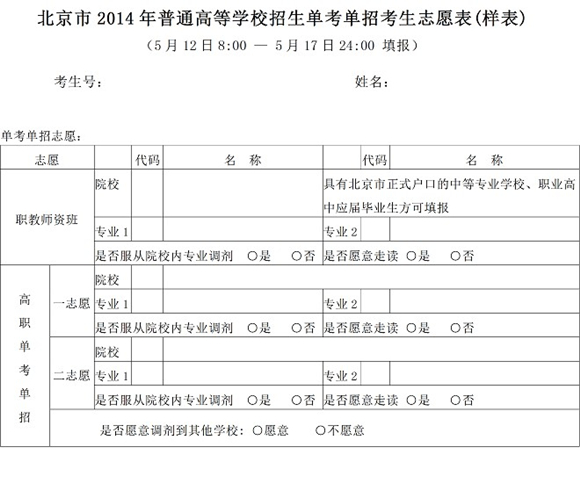 2014年北京高考單考單招志愿填報表（樣表）1