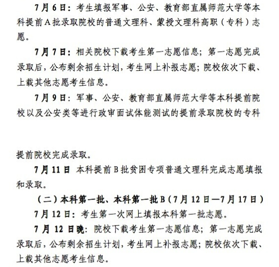 2014年內蒙古高考各批次錄取時間安排2