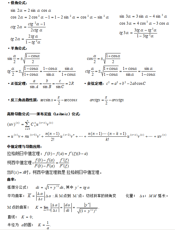 2015年成人高考(專升本)高等數學公式大全2
