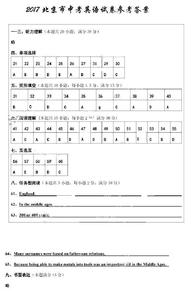 北京市2017年中考英語試題及答案 16