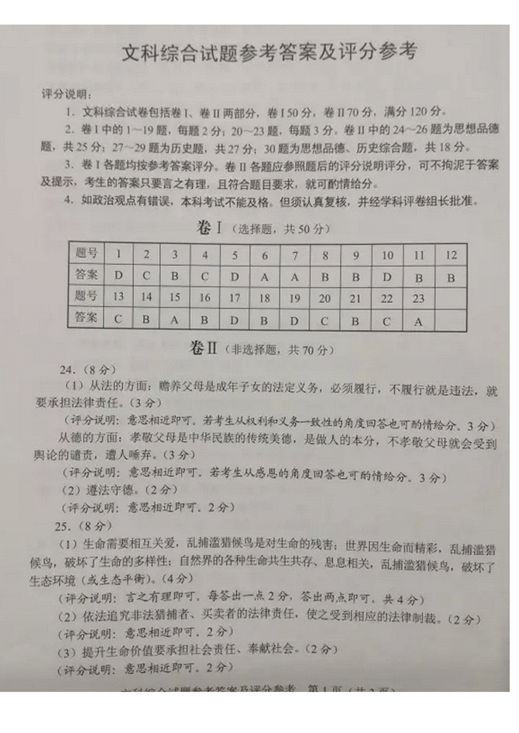 2017年河北中考文綜試題答案1