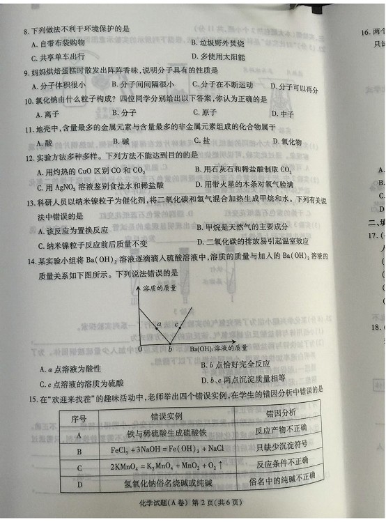 2017年重慶中考化學試題A卷 2