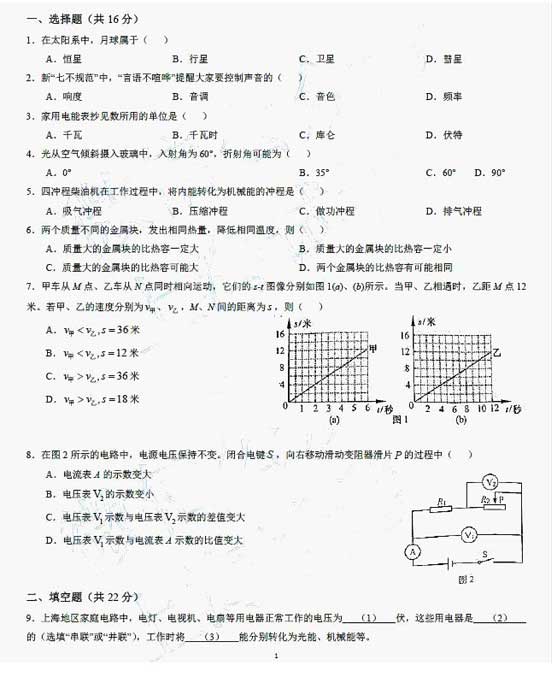 上海2017年中考物理試題及參考答案1