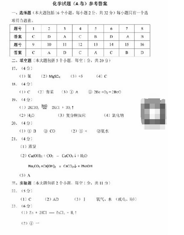 2017年重慶市中考化學試題A卷答案 1