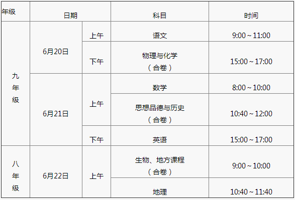 2017年湖北咸寧中考考試時間公布1