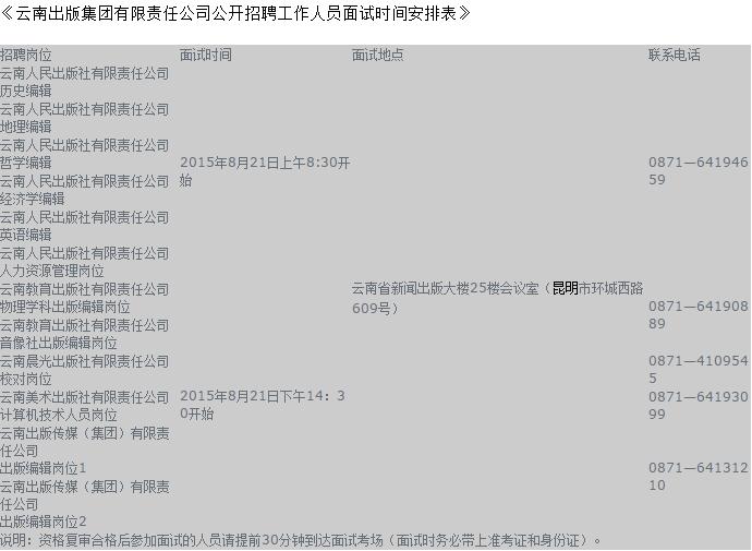 云南出版集團有限責任公司2015年招聘資格復審和面試通知1