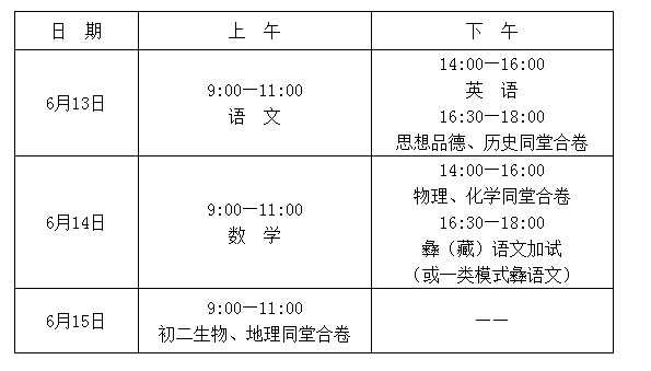 涼山2018中考時間：6月13日-15日1